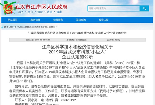 祝賀我司獲得江岸區(qū)科學(xué)技術(shù)和經(jīng)濟信息化局2019年度武漢市科技“小巨人”企業(yè)認(rèn)定